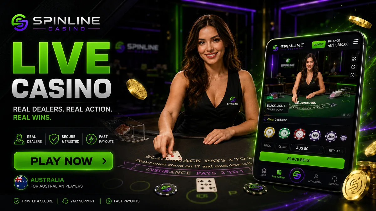 Spinline live dealer blackjack table streamed in AUD
